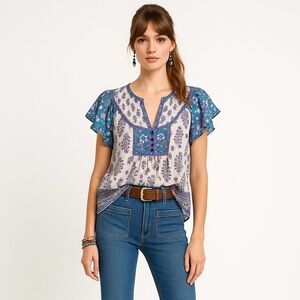 Rebecca Taylor Silk Top Blue Purple Floral Oversized Boho Fairy Blouse 6